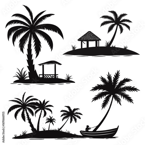 Silhouettes of tropical islands in vector art