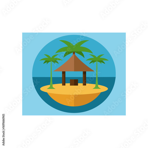 A charming flat design illustration of a tropical island paradise featuring a small hut and palm trees surrounded by calm blue ocean waters