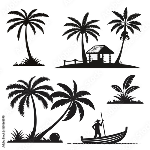 Silhouettes of tropical islands with palm trees and boats