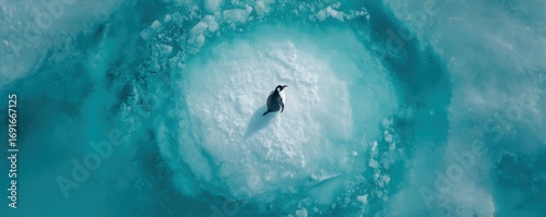 High-angle view of a penguin on a patch of ice amidst turquoise water