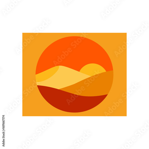 Stylized desert landscape with rolling sand dunes and a setting sun depicted in a circular graphic with warm orange and yellow hues
