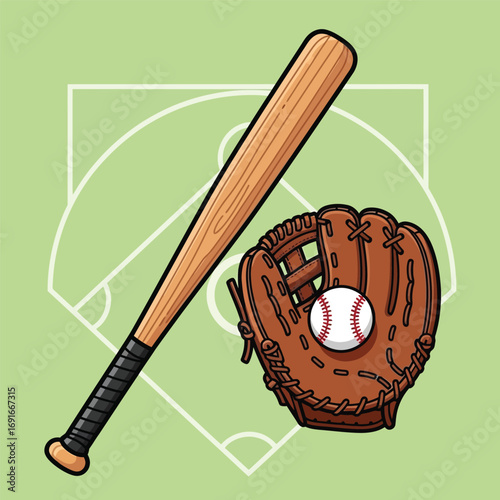 Vector illustration of a baseball bat with glove and ball