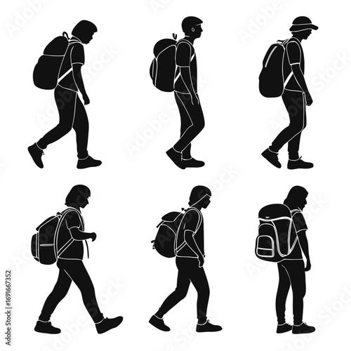 Set of silhouettes of hikers with backpacks