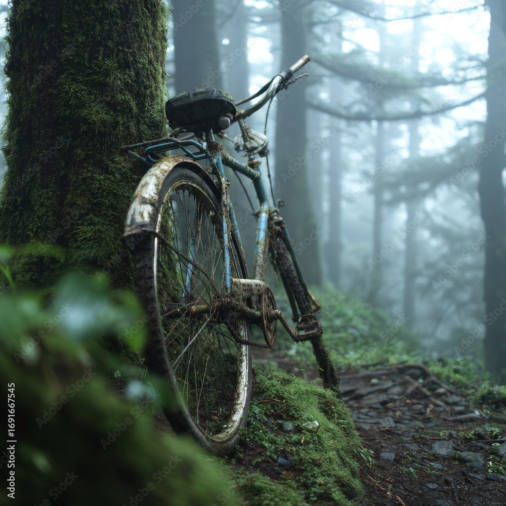 Fototapeta premium Abandoned Bicycle in Misty Forest Surrounded by Lush Greenery