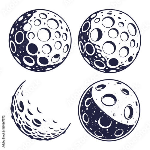 Different phases of the moon with craters, lunar cycle