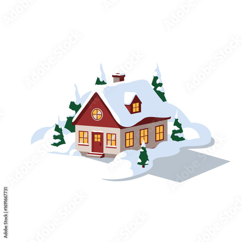 Cozy winter house with snow-covered roof and trees