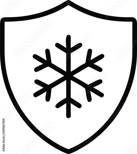 Snowflake on shield outline icon for winter holiday protection concept
