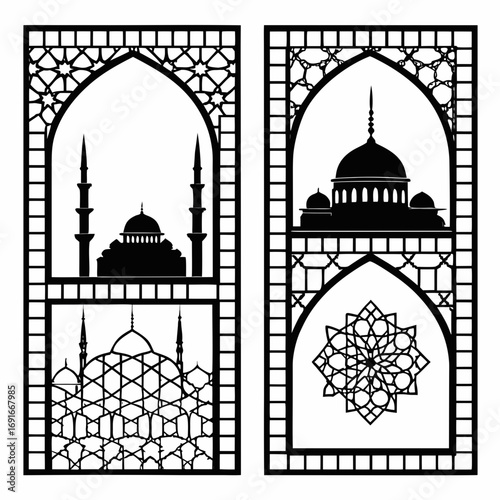 Two decorative panels with mosque and islamic star