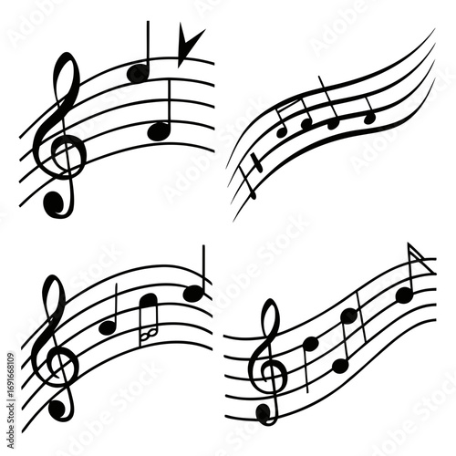 Four musical staves with notes for music concept