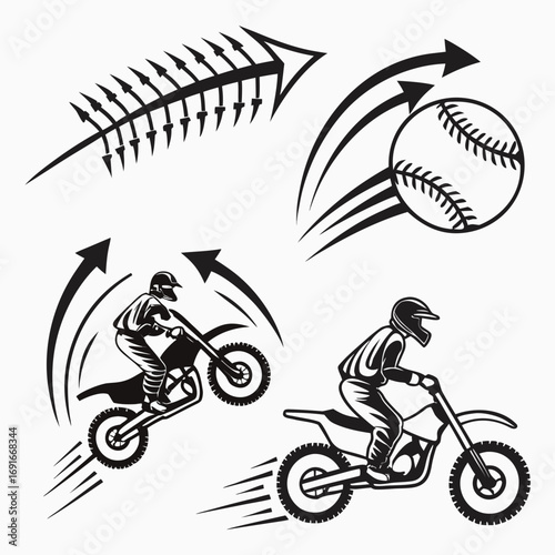 Monochrome motocross and baseball sport vector illustration