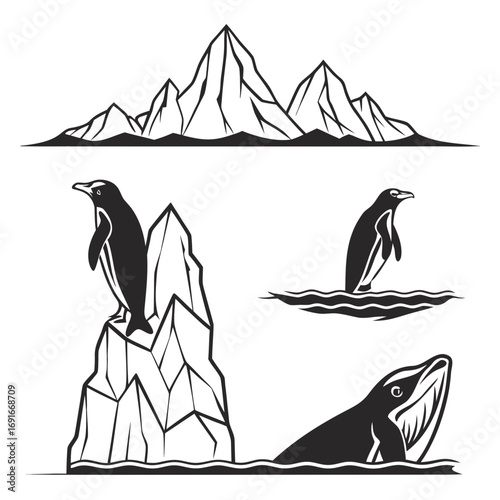 Penguin with iceberg and whale