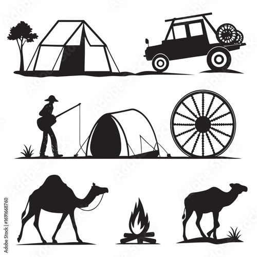 Camping and safari adventure icons for travel