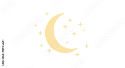 A simple, elegant illustration of a yellow crescent moon surrounded by twinkling stars on a white background.
