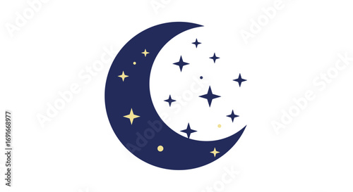 A stylized illustration of a dark blue crescent moon accompanied by a cluster of golden and yellow stars on a plain white background.