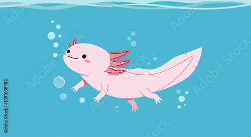 A cute pink axolotl, a type of salamander, swimming happily underwater with bubbles floating around its smiling face.