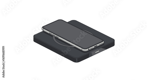 Isometric illustration of a modern smartphone placed on a wireless charging power bank against a white background.