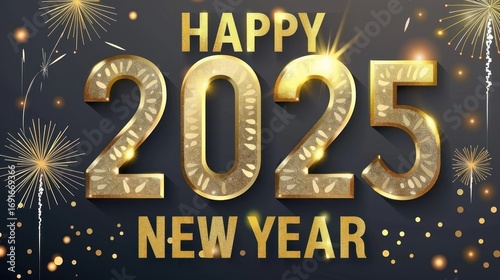 Golden Numeric 2025 New Year Celebration with Fireworks and Sparkles