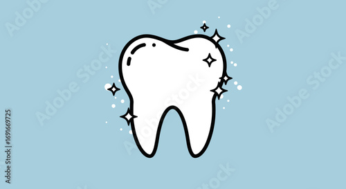 A simple line art illustration of a sparkling white molar tooth on a light blue background, symbolizing dental health and hygiene.