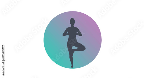 Silhouette of a person in a yoga tree pose, standing balanced on one leg within a teal and purple gradient circle.