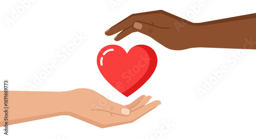 A vector illustration of a dark-skinned hand giving a red heart to a light-skinned hand, symbolizing love, donation, and racial harmony.