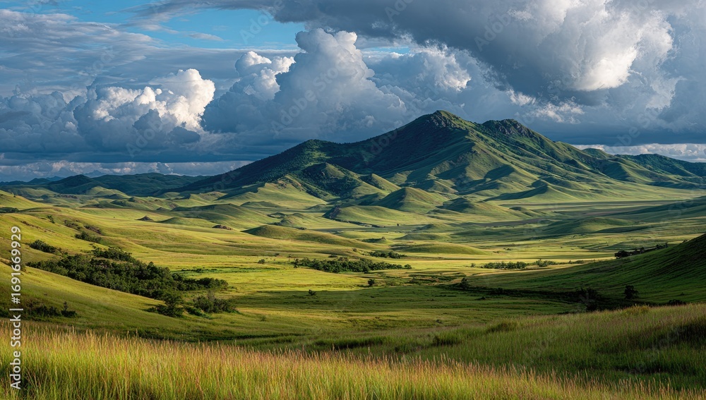 Fototapeta premium Lush valley beneath a dramatic mountain range
