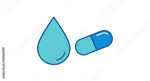 A simple graphic illustration of a blue water drop and a two-tone medical capsule pill.