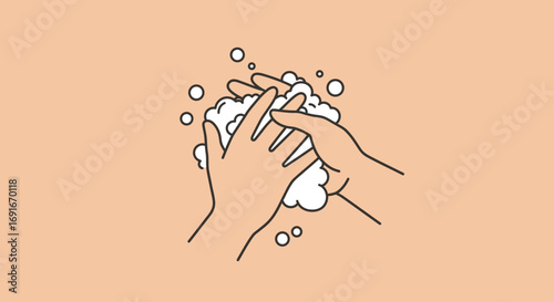 A simple line art illustration of two hands washing with soap lather and bubbles, representing hygiene and cleanliness.