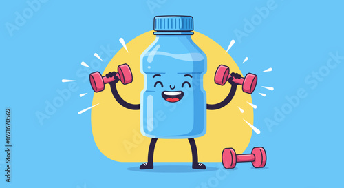 A cheerful cartoon water bottle character exercising with pink dumbbells, promoting a healthy and active lifestyle.