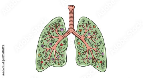 An artistic illustration of healthy human lungs filled with blooming flowers and green plants, symbolizing clean air and nature.
