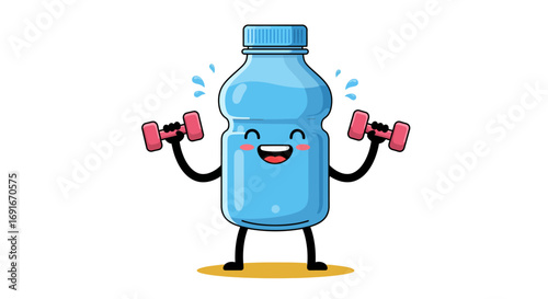 A cheerful cartoon water bottle character happily exercising by lifting pink dumbbells to stay fit and hydrated.