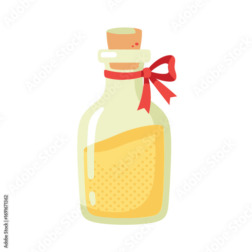 Corked glass bottle of golden oil with a red ribbon, representing valuable provisions for a Columbus Day expedition.