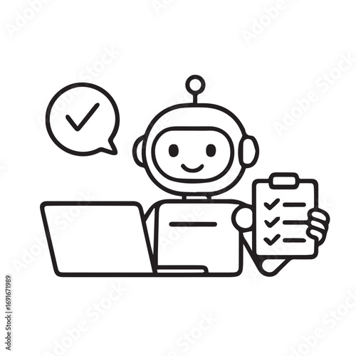 Vector illustration of a simple robot operating a laptop, symbolizing AI ChatGPT technology, designed in monochrome black and white with bold outlines.