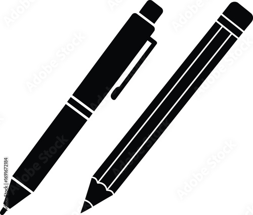 Black silhouette of a ballpoint pen and a sharpened pencil side by side silhouette