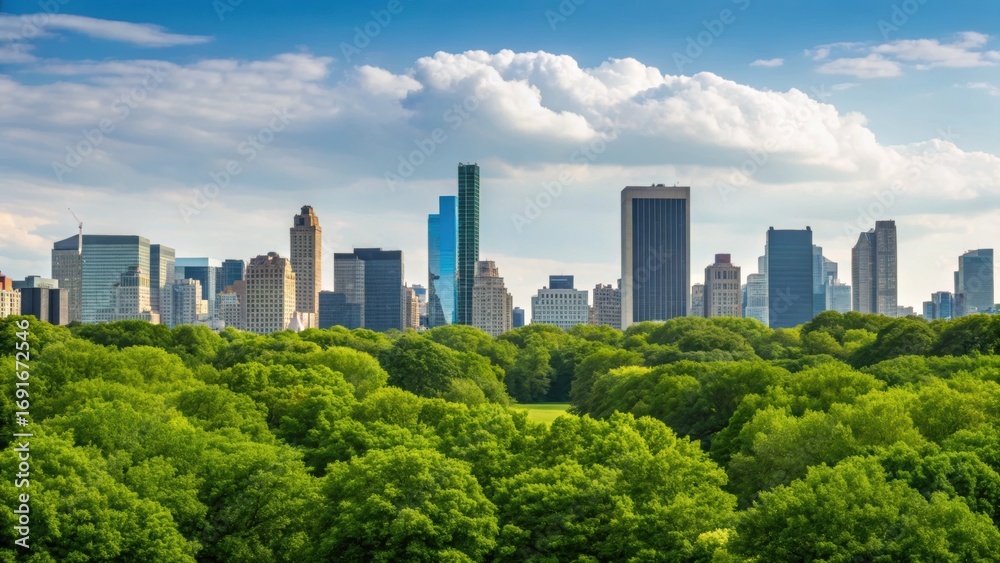 Fototapeta premium A vibrant city skyline rises above lush green treetops under a bright blue sky with fluffy clouds.