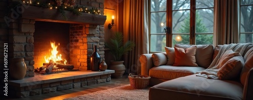 Cozy living room scene featuring a crackling fireplace, plush blankets, and soft lighting, creating a tranquil and inviting atmosphere perfect for relaxation ,  interior,  serenity