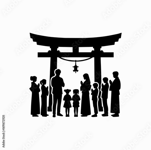 Family at Shrine Silhouette – Japanese Shinto Tradition