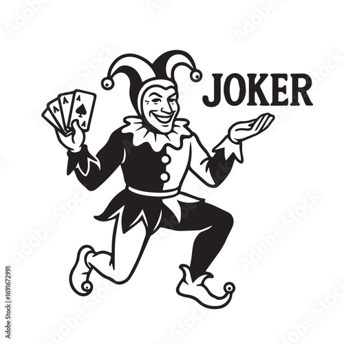 Vector illustration of a joker character appearing on a playing card, designed in simple black and white style with strong bold black outlines.