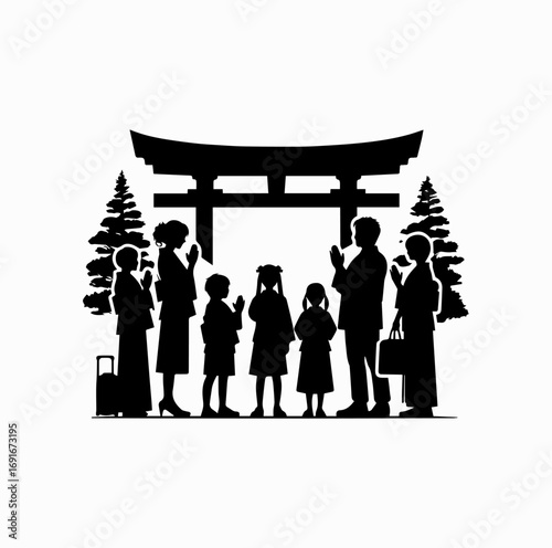 Family at Shrine Silhouette – Japanese Shinto Tradition