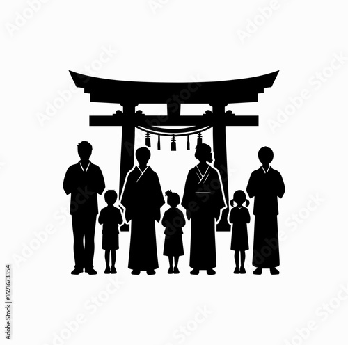Family at Shrine Silhouette – Japanese Shinto Tradition