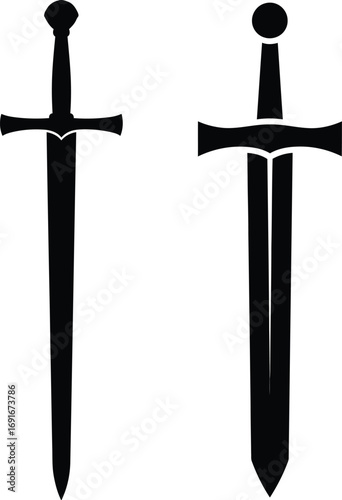 Two medieval knight swords crossed silhouette symbol of warfare and battle vintage weapons silhouette