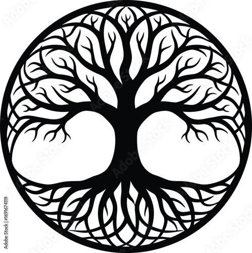 Intricate black tree of life symbol inside a circle decorative emblem silhouette