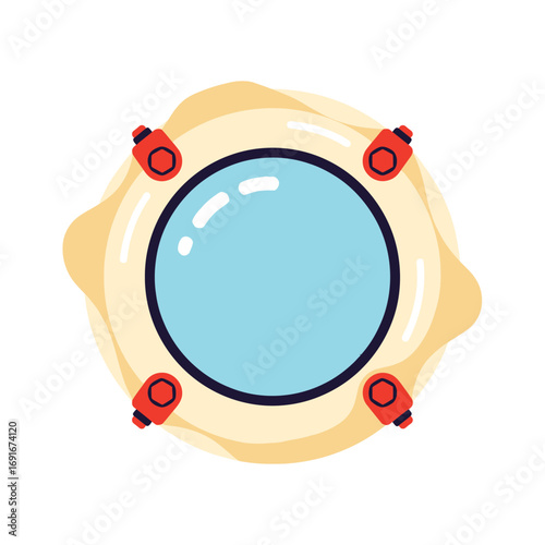 Close-up view of a ship's porthole with a blue lens and red details, offering a glimpse of the sea on a Columbus Day voyage.