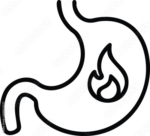 Stomach with heartburn line icon, indigestion, digestive health issues illustration, clip art
