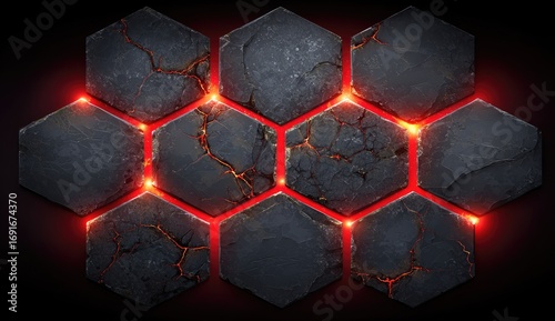 Hexagonal Rock Formation with Glowing Lava Interstices