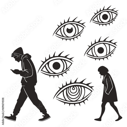 Silhouette of a person engrossed in their phone surrounded by watchful eyes symbolizing surveillance and lack of privacy in the digital age