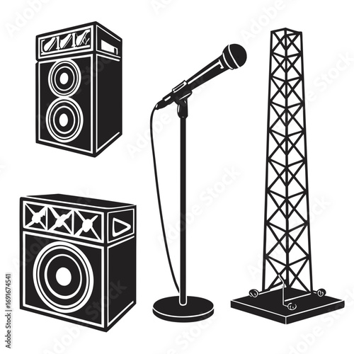 A collection of black silhouette icons representing audio equipment including two speaker cabinets a microphone on a stand and a truss tower ideal for music or event themes
