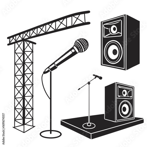 Concert stage equipment including a truss structure microphones on stands and audio speakers on a platform presented as black silhouettes on a white background
