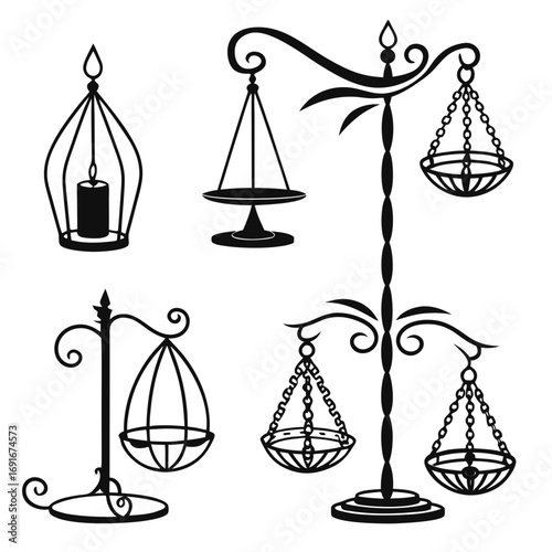 Collection of vintage black silhouette scales of justice and a decorative candle lantern symbolizing balance law and antique aesthetics