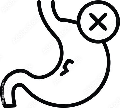 Stomach outline with pain mark and cross inside circle health concept