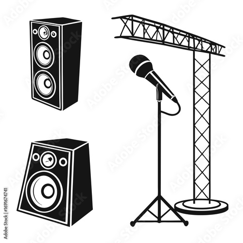 Black silhouette icons of audio equipment including two speakers a microphone on a stand and a stage truss structure for live music events and concerts